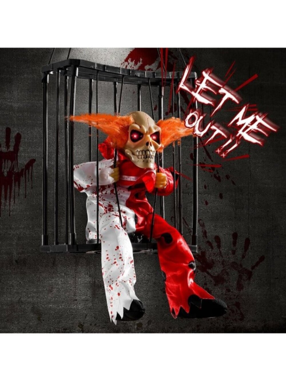 Screaming Halloween Decorations Red Animated Clown Scary Skull Cage Prop Spooky